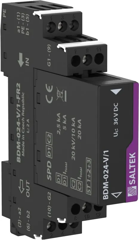 Sezónní Sleva Saltek BDM-024-V/1-FR2 svodič bleskových proudů s hrubou a jemnou přepěťovou ochranou dvoužilových signálových linek, instalace na vstupu do budovy i těsně před chráněné zařízení, 24 V DC, max. 2