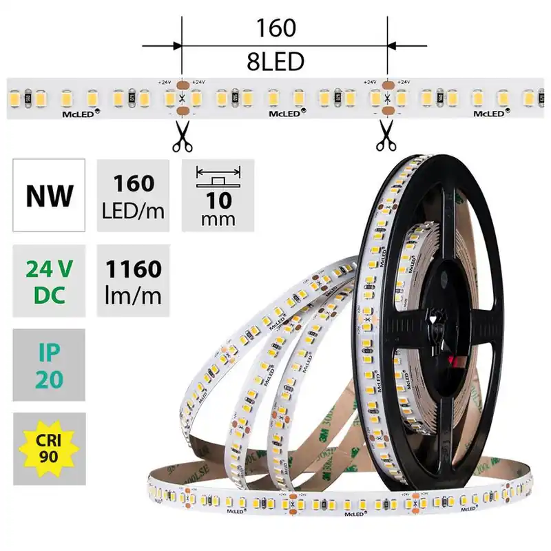 MCLED LED PÁSEK SMD2835 9W/M/1160LM/160LED/M 24VDC IP20 Š.10MM NW 50M ML-126.018.90.2 Značkový