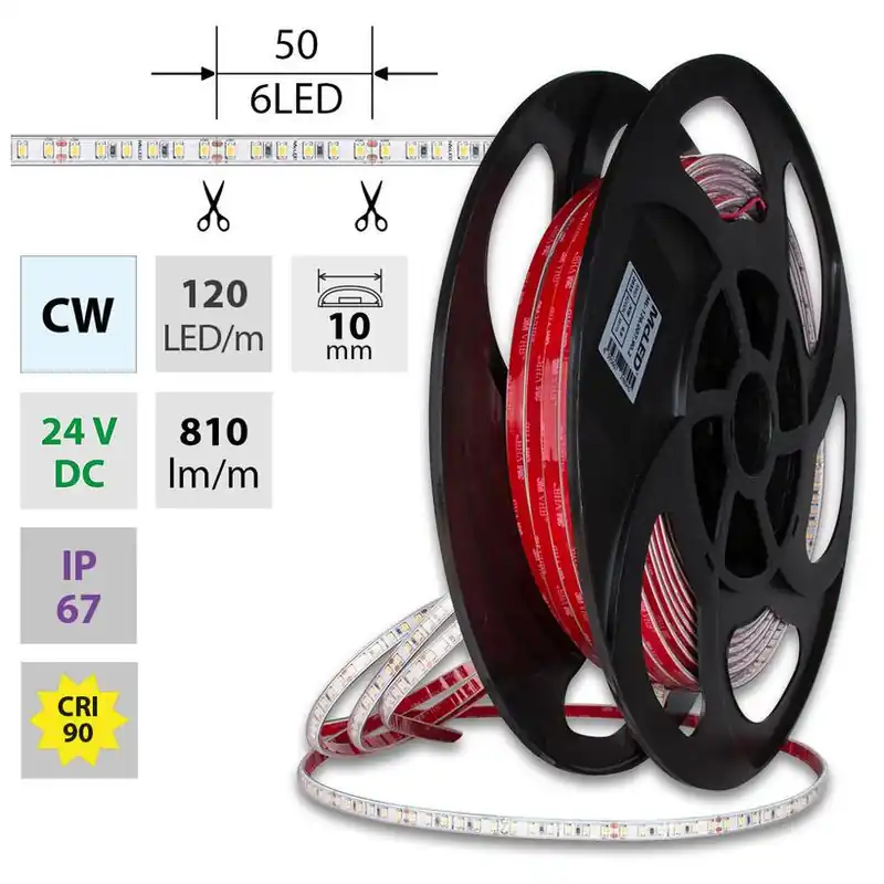 Akční Nabídka MCLED LED PÁSEK SMD2835 CW 120LED/9,6W/M 24VDC 810LM/M CRI90 IP67 10MM 50M ML-126.006.90.2