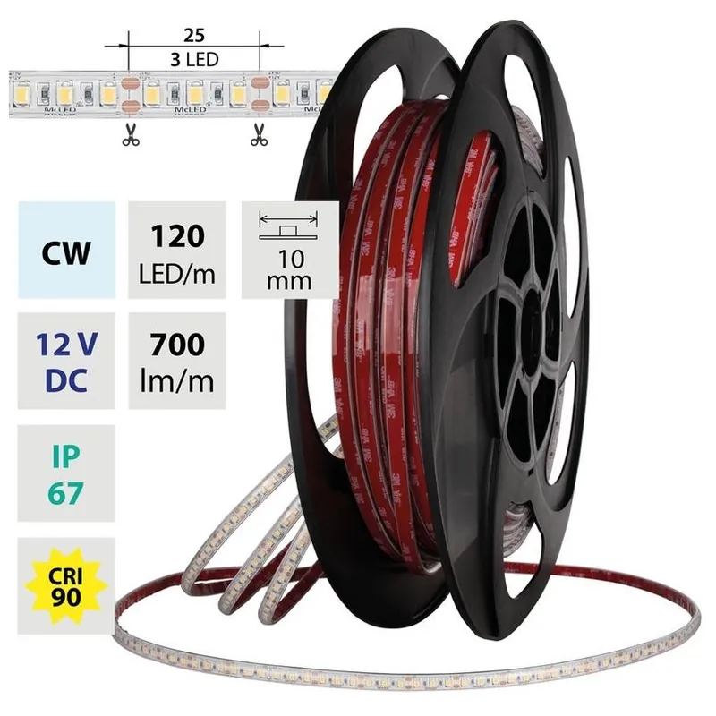 Pouze Dnes LED pásek McLED SMD2835 CW 120LED/m 7,2W/m DC 12V 700lm/m CRI90 IP67 10MM 5m ML-121.006.90.0