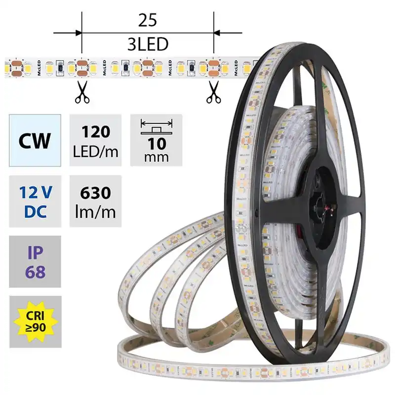 Nová Kolekce MCLED LED PÁSEK SMD2835 CW 120LED/M,9,6W/M DC 12V 630LM/M CRI90 IP68 10MM 5M ML-121.866.60