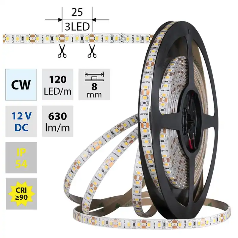 Nejprodávanější MCLED LED PÁSEK SMD2835 CW 120LED/M 9,6W/M DC12V 630LM/M CRI90 IP54 8MM 5M ML-121.852.60.0