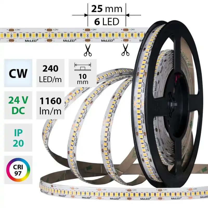 MCLED LED PÁSEK SMD2835 CW 240LED/M 14,4W/M DC 24V 1160LM/M CRI97 IP20 10MM 5M ML-126.022.90.0 Cenový Hit
