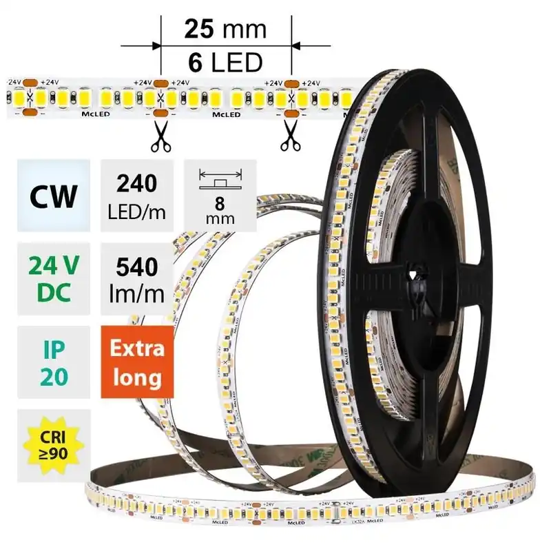Originální LED pásek McLED SMD2835 CW 240LED/m 6W/m DC 24V 540lm/m CRI90 IP20 8mm 5m ML-126.027.90.0
