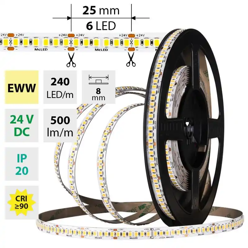 MCLED LED PÁSEK SMD2835 EWW 240LED/M 6W/M 24VDC 500LM/M CRI90 IP20 8MM 5M ML-126.030.90.0 Finální Výprodej