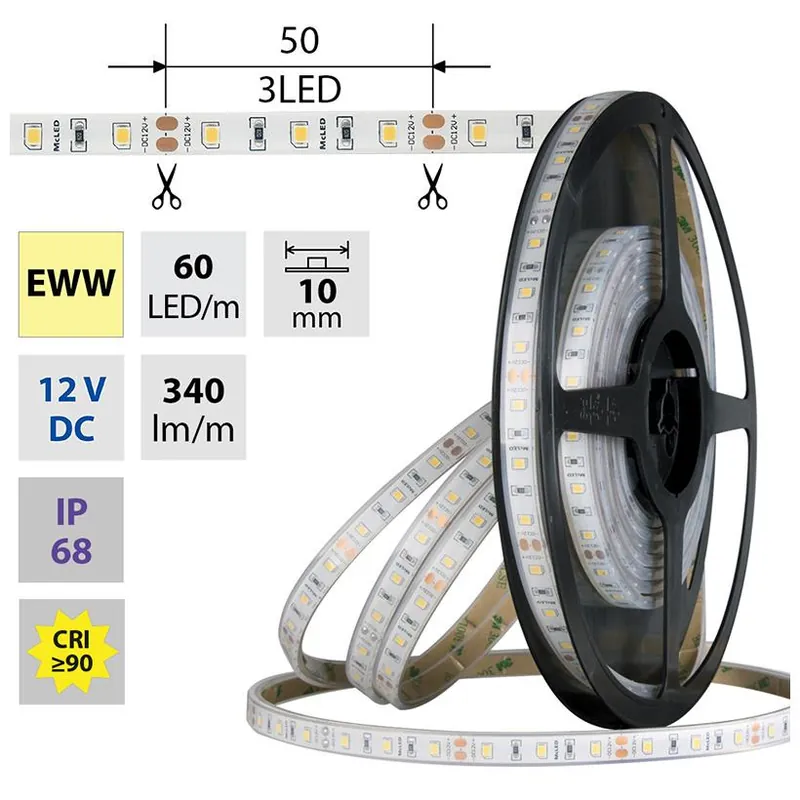 MCLED LED PÁSEK SMD2835 EWW 60LED/M 4,8W/M DC 12V 340LM/M CRI90 IP68 10MM 5M ML-121.860.60 Akční Nabídka