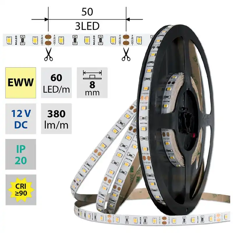 MCLED LED PÁSEK SMD2835 EWW 60LED/M 4,8W/M DC12V 380LM/M 2700K CRI90 IP20 8MM 5M Ihned K Objednání