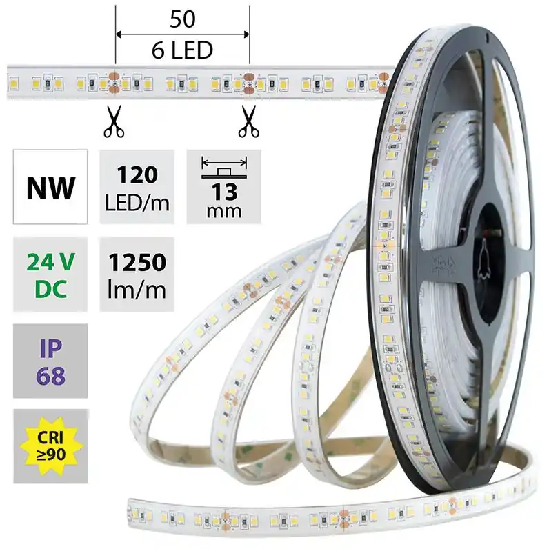 Výhodná Nabídka MCLED LED PÁSEK SMD2835 NW 120LED/M 14W/M 1250LM/M IP68 DC 24V 13MM 5M ML-126.817.60.0