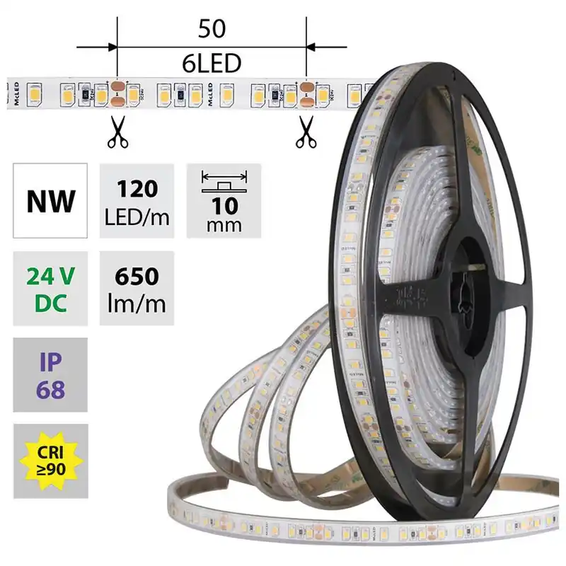MCLED LED PÁSEK SMD2835 NW 120LED/M 9,6W/M DC 24V 650LM/M CRI90 IP68 10MM 5M ML-126.867.60 Finální Výprodej