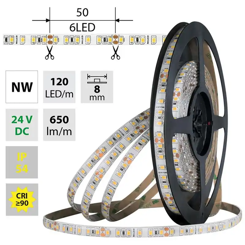 Cenová Bomba MCLED LED PÁSEK SMD2835 NW 120LED/M 9,6W/M DC 24V 650LM/M CRI90 IP54 8MM 5M ML-126.853.60.0