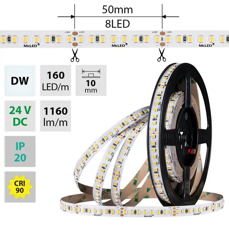 Přímo Od Výrobce MCLED LED PÁSEK SMD2835 NW 160LED/M 9W/M 24VDC 1160LM/M CRI90 IP20 10MM 5M ML-126.017.90.0