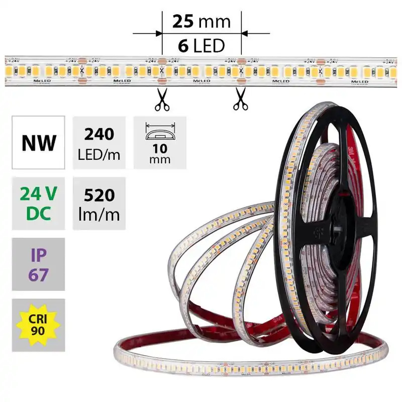 MCLED LED PÁSEK SMD2835 NW 240LED/M 6W/M DC 24V 520LM/M CRI90 IP65 9MM 5M ML-126.033.90.0 Výprodej
