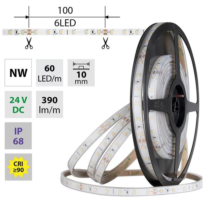 MCLED LED PÁSEK SMD2835 NW 60LED/M 4,8W/M DC 24V 390LM/M CRI90 IP68 10MM 5M ML-126.858.60. Ihned K Objednání