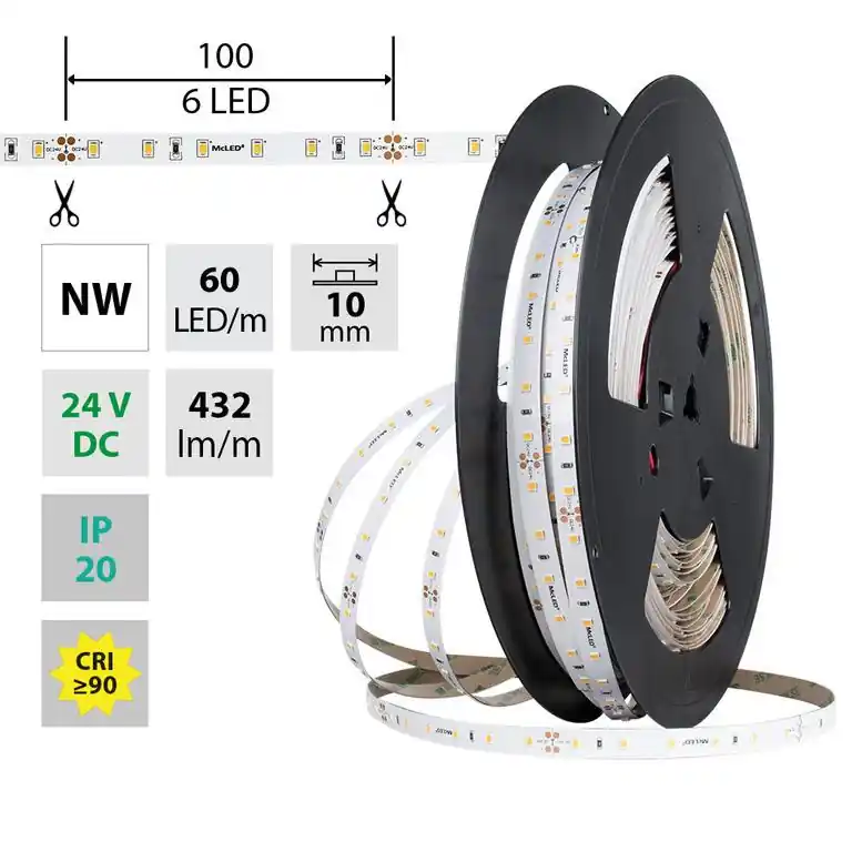 MCLED LED PÁSEK SMD2835 NW 60LED/M 4,8W/M DC24V 432LM/M CRI90 IP20 10MM 50M ML-126.872.60. Akce