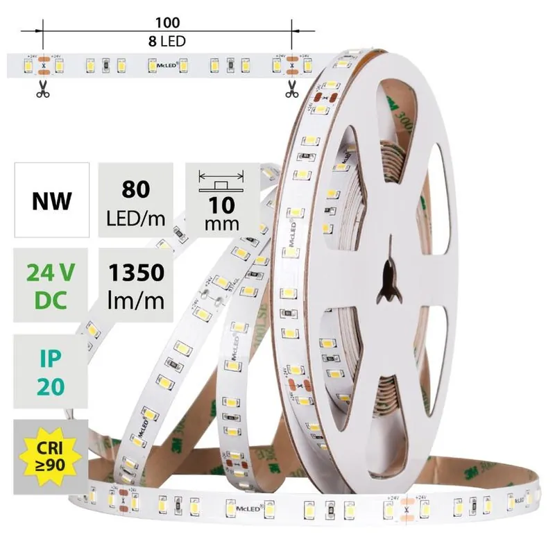 Nízká Cena LED pásek McLED SMD2835 NW, 80LED/m, 7,2W/m, DC 24V, 1350lm/m, CRI90, IP20, 10mm, 5m ML-126.061.90.0