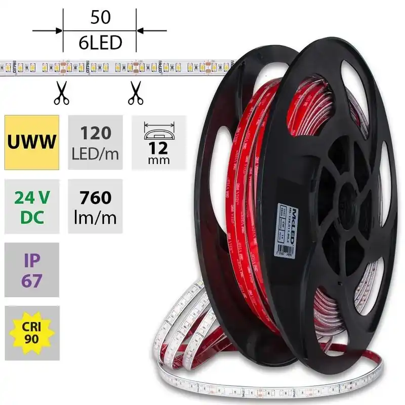 Cenově Výhodný MCLED LED PÁSEK SMD2835 UWW 120LED/M 14W/M DC 24V 760LM/M CRI90 IP67 12MM 50M ML-126.015.90.2