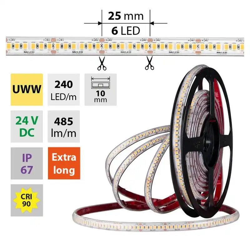MCLED LED PÁSEK SMD2835 UWW, 240LED/M, 6W/M, DC 24V, 380LM/M, CRI90, IP65, 9MM, 5M, ML-126.036.90.0 Oblíbený