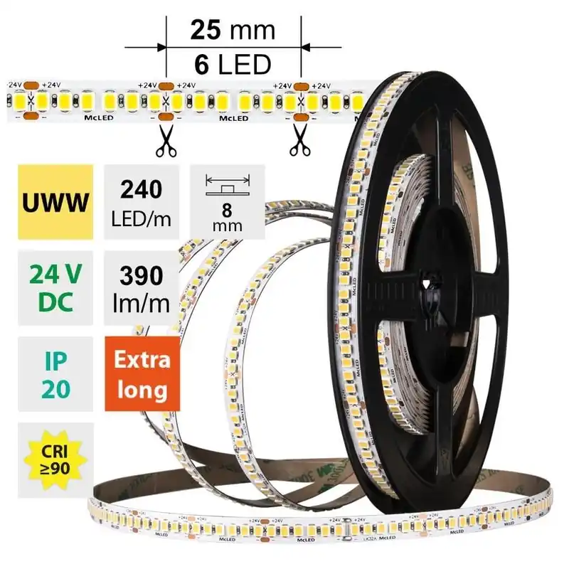 Novinka LED pásek McLED SMD2835 UWW, 240LED/m, 6W/m, DC 24V, 390lm/m CRI90 IP20 8mm 5m ML-126.031.90.0