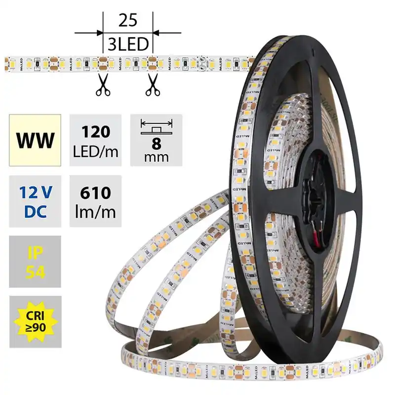 MCLED LED PÁSEK SMD2835 WW 120LED/M 9,6W/M DC12V 610LM/M CRI90 IP54 8MM 5M ML-121.854.60.0 Top Prodej