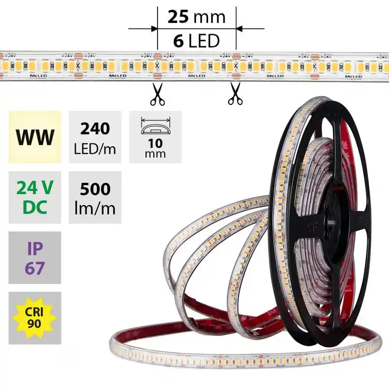 Cenově Výhodný MCLED LED PÁSEK SMD2835 WW 240LED/6W/M 24VDC 500LM/M CRI90 IP65 9MM 50M ML-126.034.90.2
