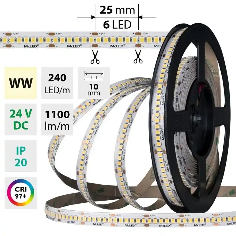 Zlevněný MCLED LED PÁSEK SMD2835 WW 240LED/M 14,4W/M DC 24V 1100LM/M IP20 50M ML-126.025.90.2