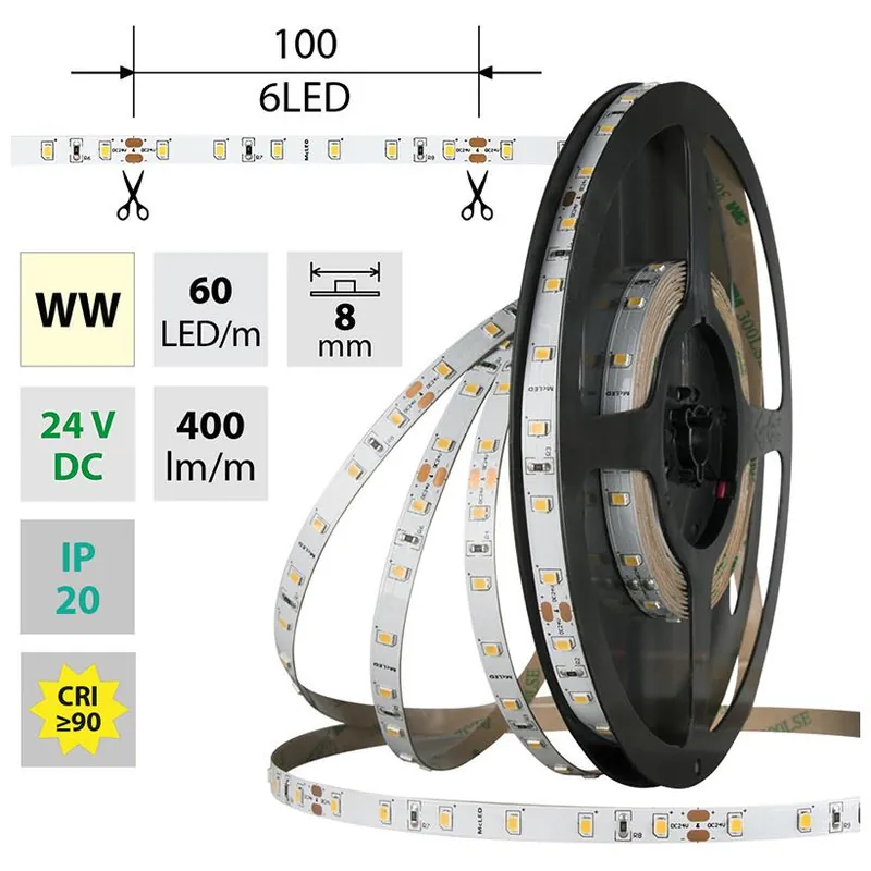 MCLED LED PÁSEK SMD2835 WW 60LED/M 4,8W/M DC 24V 400LM/M CRI90 IP20 8MM 50M ML-126.831.60. Levný