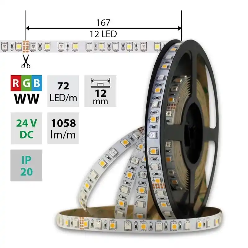 Výhodná Nabídka MCLED LED PÁSEK SMD5050 RGB+WW, 72LED/M 50M 17,2W/M 1058LM/M IP20 DC 24V 12MM ML-128.633.60.2