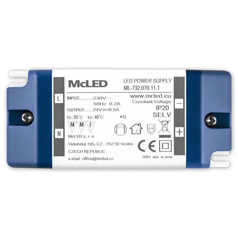 Sezónní Sleva MCLED ZDROJ NAPÁJ. 12W DC24V 0,5A IP20 PLAST. PROV. SE SVORKOVNICÍ ML-732.070.11.1