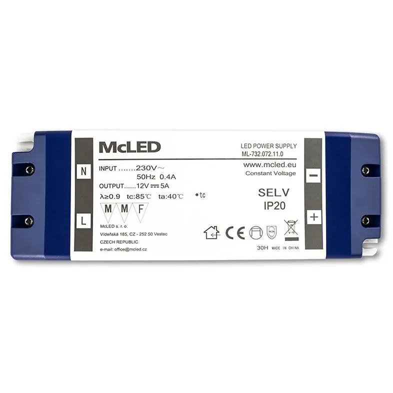 MCLED ZDROJ NAPÁJECÍ 60W DC12V/5A IP20 PLASTOVÉ PROVEDENÍ SE SVORKOVNICÍ ML-732.072.11.0 Sleva