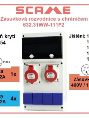 Novinka Zásuvková rozvodnice jištěná, s chráničem, 6x zásuvka, IP44 SCAME - 632.31WW-111F2