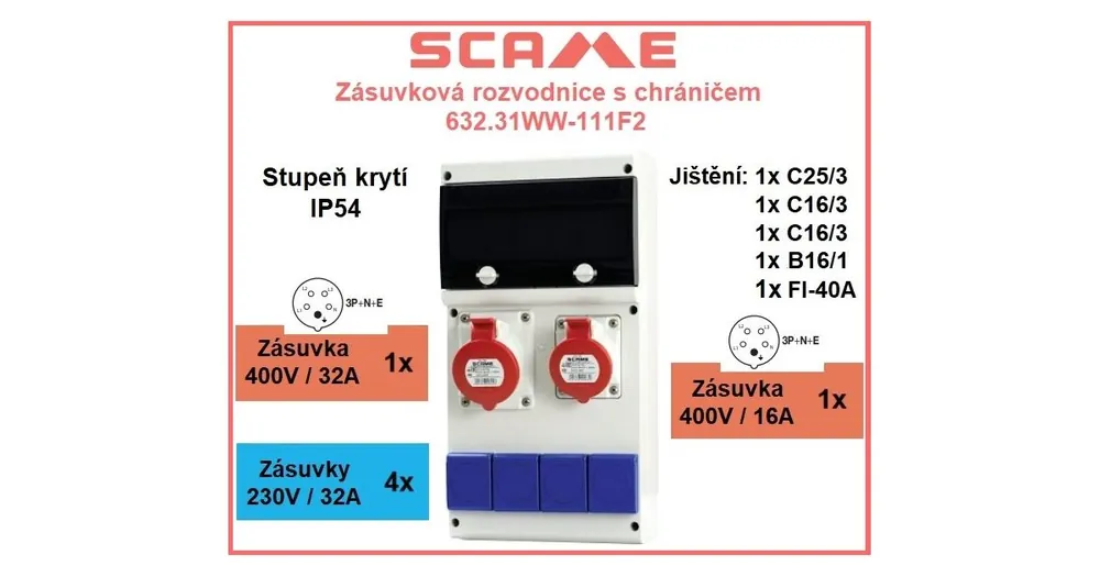 Novinka Zásuvková rozvodnice jištěná, s chráničem, 6x zásuvka, IP44 SCAME - 632.31WW-111F2